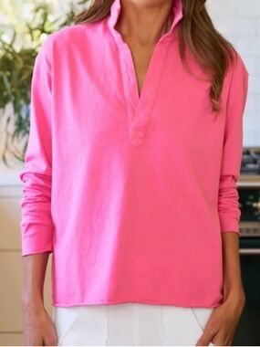 Frank & Eileen Patrick Triple Fleece Popover Henley in Pink Lemonade Sz M EUC